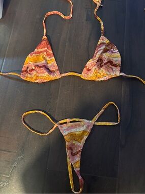 Vintage Y2K Women’s gold Wave Print micro Triangle Bikini Set small nwot sequin